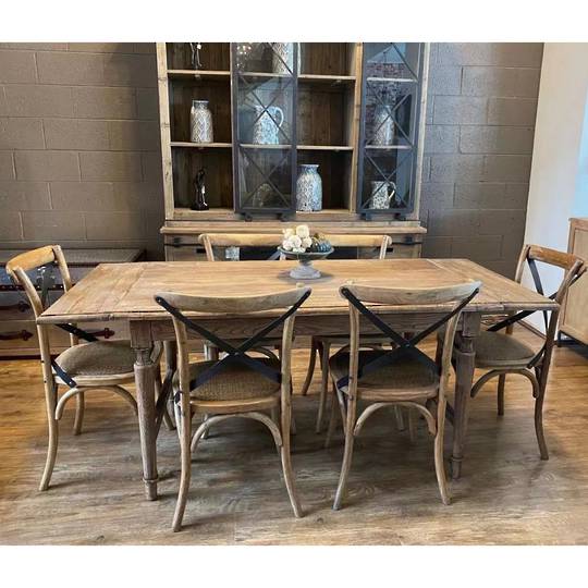 Old Elm French Extension Dining Table 140-185cm + 6 Porto Oak Metal Cross Chairs Set